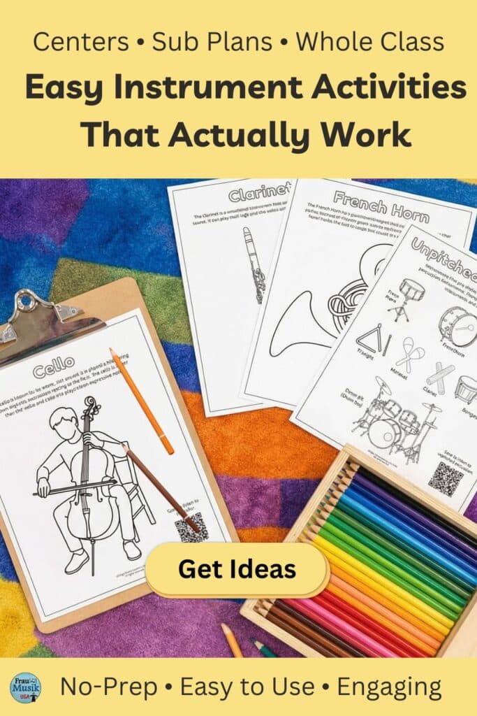 Elementary Music Instrument Worksheets that actually work. Image include coloring pages for cello and several other instruments.