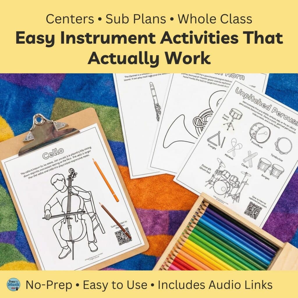 Elementary Musical Instrument Worksheets to color. Includes audio links. Image shows cello and other instruments with colored pencils.
