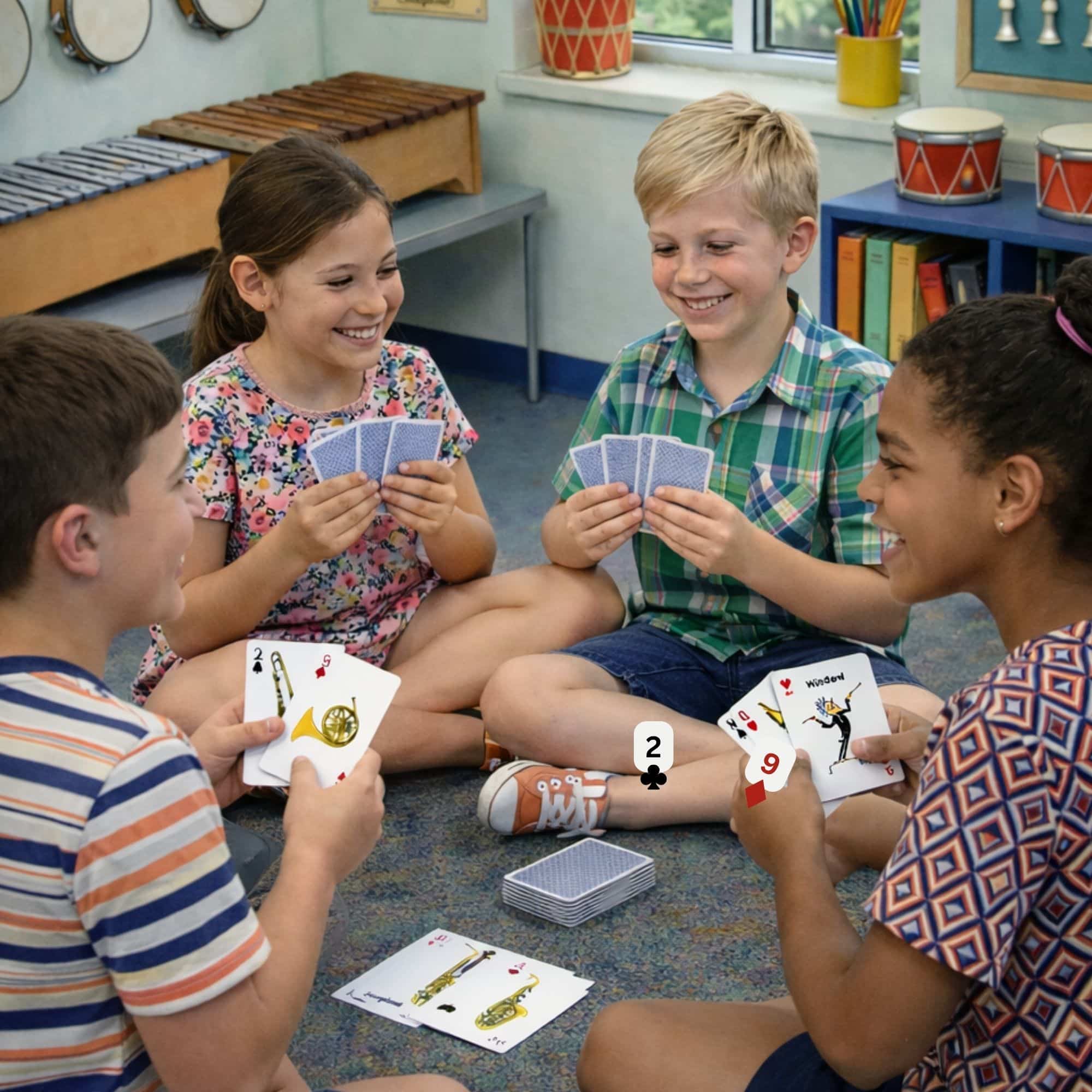 Four children play a musical instrument card game in elemetnary music class.