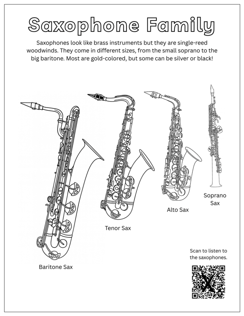 Coloring pages for elementary music. Saxophone Family
