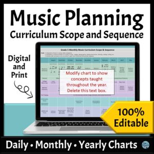 Elementary Music Lesson Planning - Curriculum Scope and Sequence with image of a comoputes and planning spreadsheet