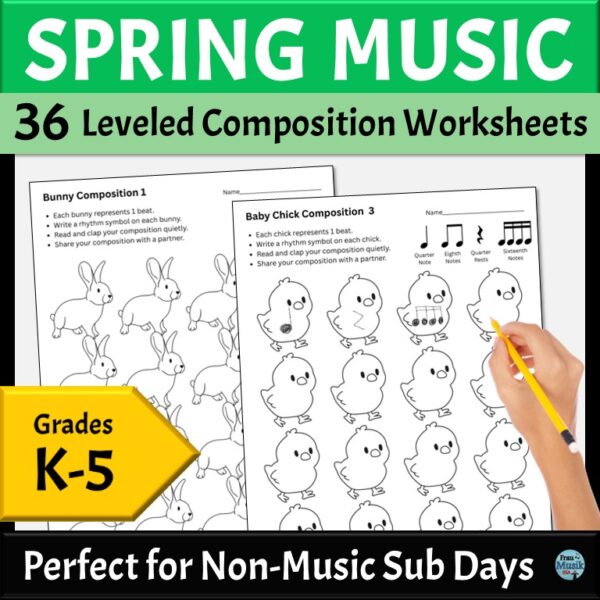36 Leveled Composition Worksheets for Elementary Music Grades K-5 - Spring Theme