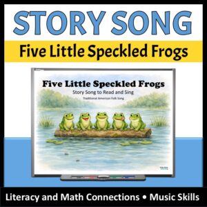 Story Songs to read and sing for kindergarten and grade 1 - Five Little Speckled Frogs Image has 5 frogs sitting on a log in calm waters.