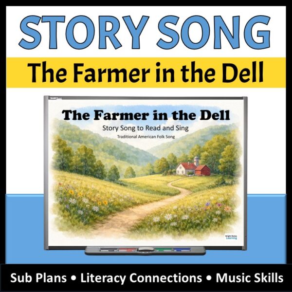 StorySong to Read and Sing for Kindergarten and Grade 1 - The Farmer in the Dell Image show a winding road, wildflowers, and a house in the distance.