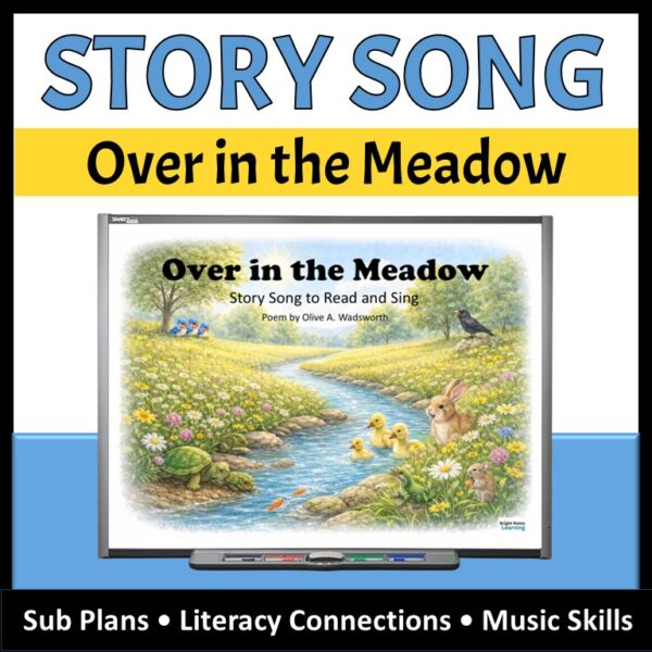 Story Song to Read and Sing - Over in the Meadow (Grades K-2). Image shows a meadow with wildflowers and a creek.