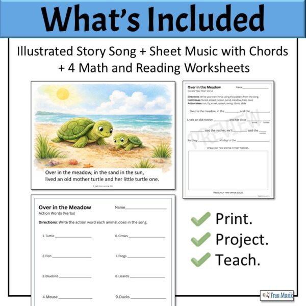 Story Song to Read and Sing - Over in the Meadow (Grades K-2). Image shows a mother turtle and her baby digging in the sand and 2 worksheets.