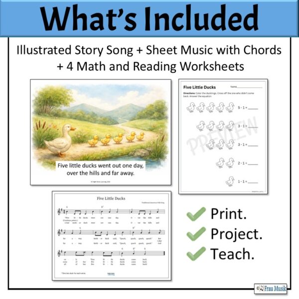 Story Song to Read and Sing for Kindergarten and Grade 1 - Five Little Ducks. Image shows mother duck watching while her 5 little ducks walking down the road and 2 subtration worksheets.