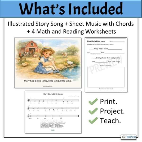 Story Song to Read and Sing - Mary Had a Little Lamb. Image show Mary and the lamb by a pond and 2 worksheets.