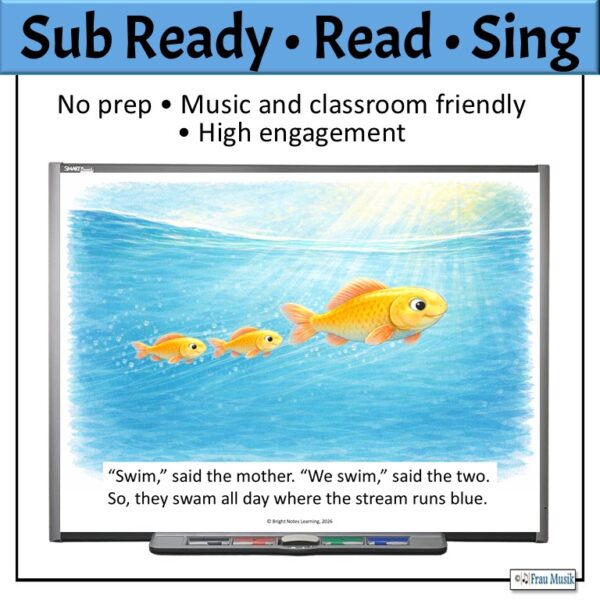 Story Song to Read and Sing - Over in the Meadow (Grades K-2). Image show a mother fish and her 2 baby fish swimming in brigh blue water.
