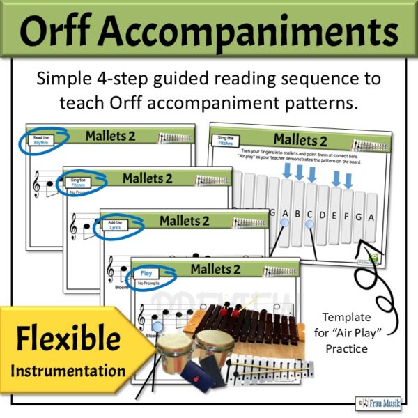 Sakura, a beautiful Japanese song with Orff arrangement for the elementary music classroom. Image shows classroom Orff instruments and says flexible instrumentation.
