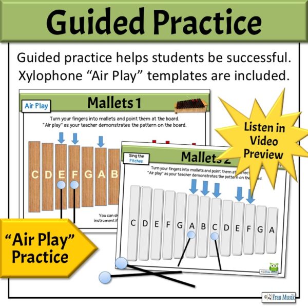 Sakura, a beautiful Japanese song with Orff arrangement for the elementary music classroom. Image show xylophone and metallophone images with mallets for "air play" practice.