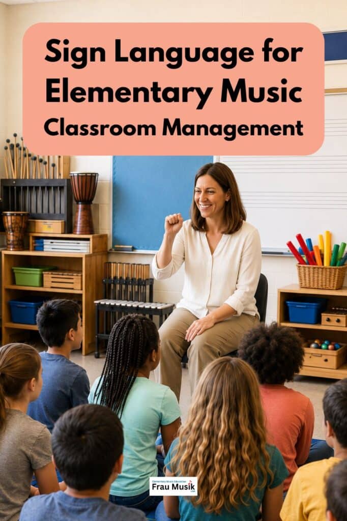 Elementary music teacher signing the word "yes" to a class of 4th grade music students.