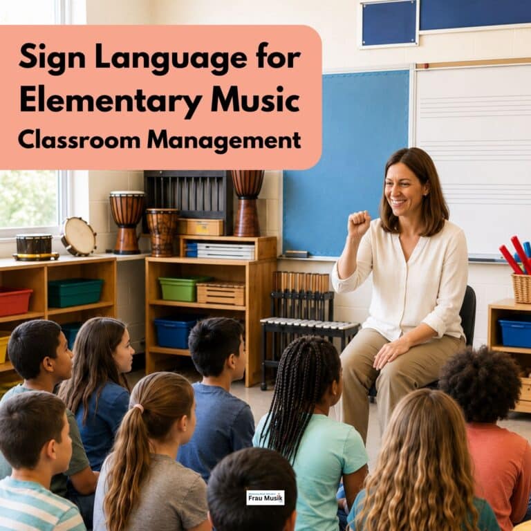 Elementary music teacher signing the word "yes" to a class of 4th grade music students.