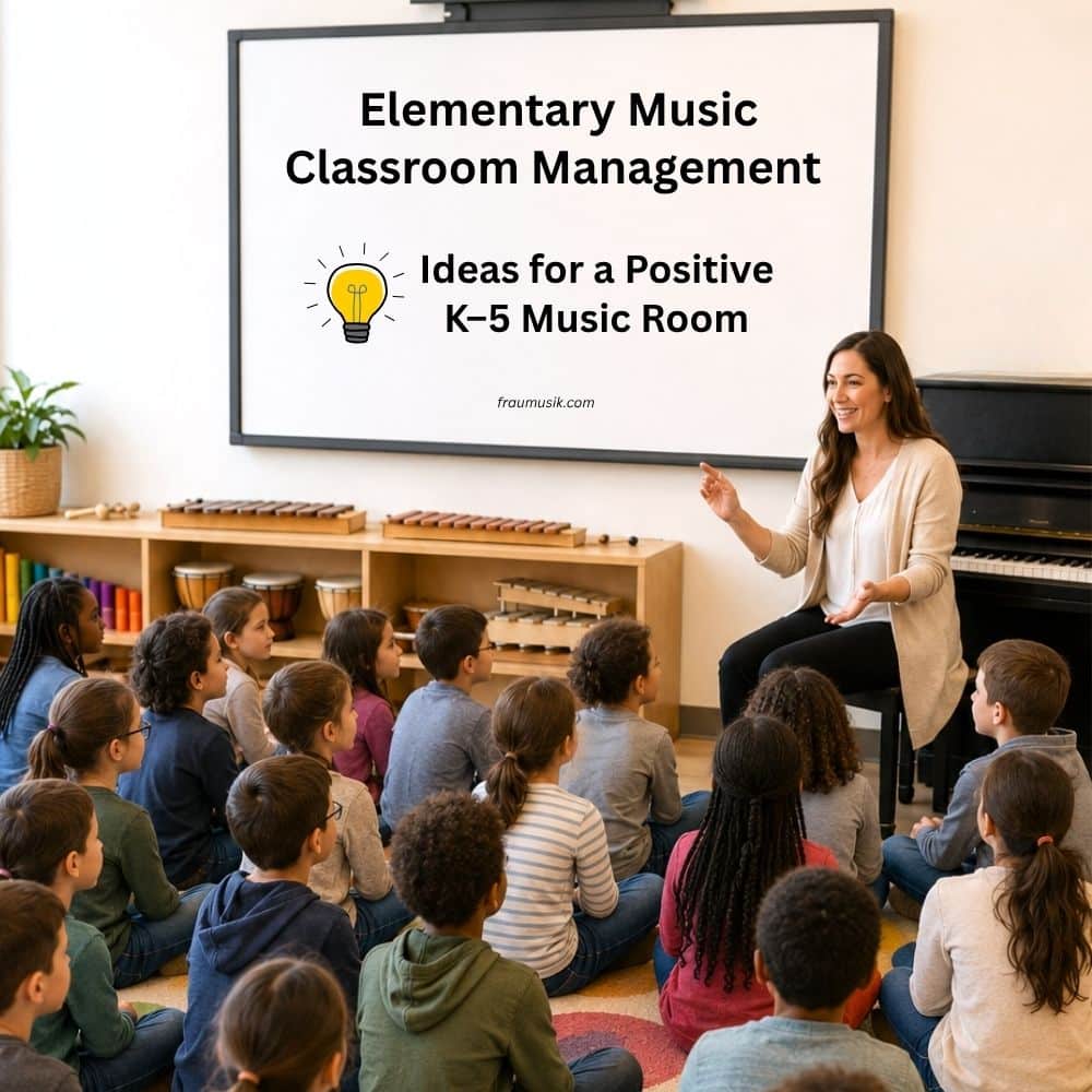 Elementary music teacher with early elementary children sitting on the floor. classroom whiteboard says Elementary Music Classroom Management.