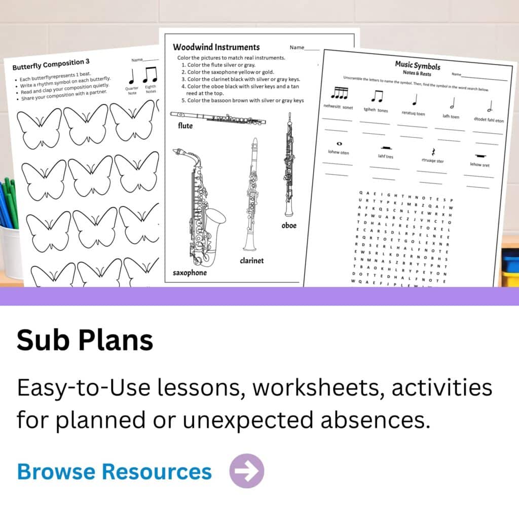 Elementary music worksheets for emergency music sub days.