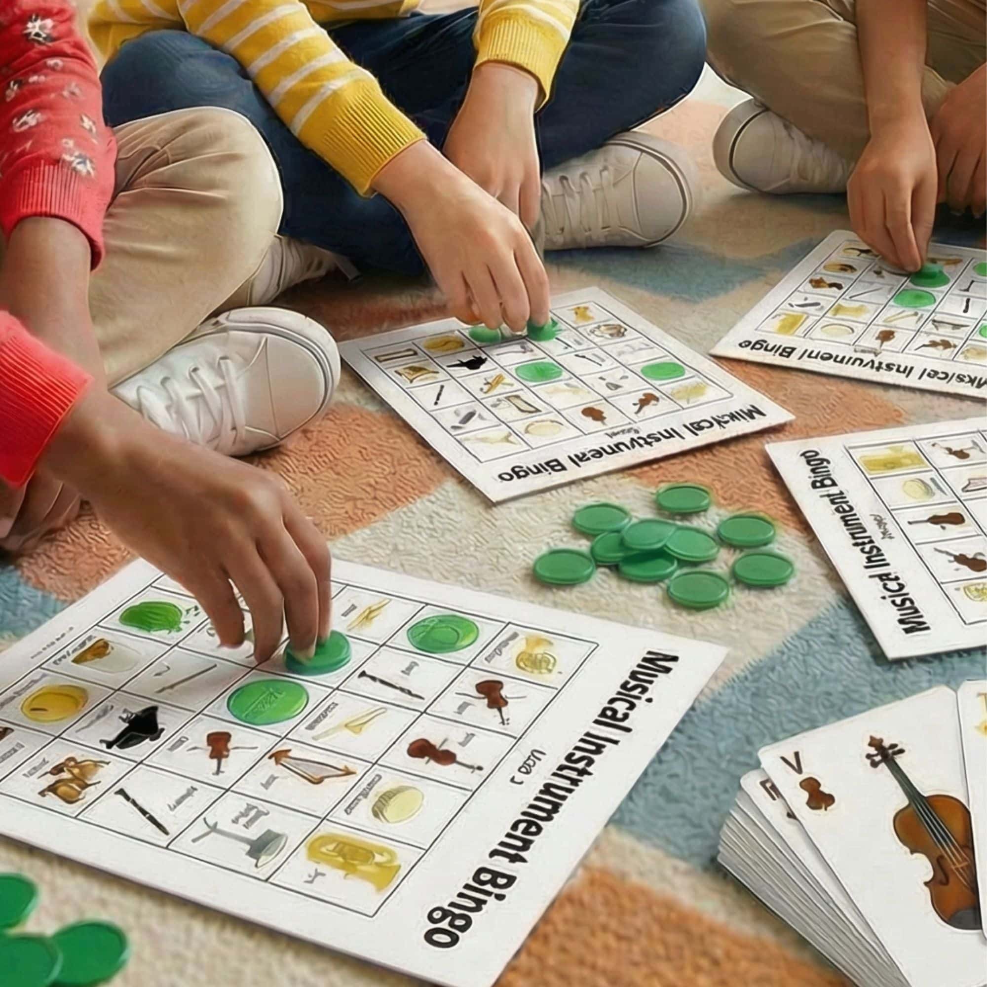 Elementary music students play musical instrument Bingo. A deck of music playing cards are visible.