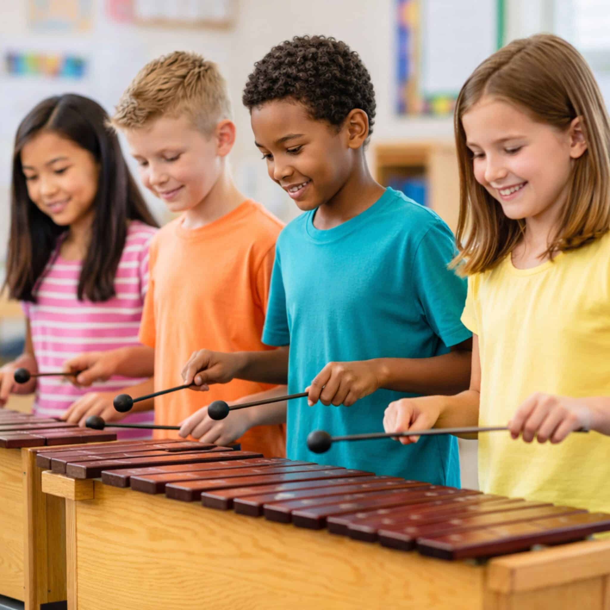 elementary music classroom with 4 children playing Orff activities on bass xylophones