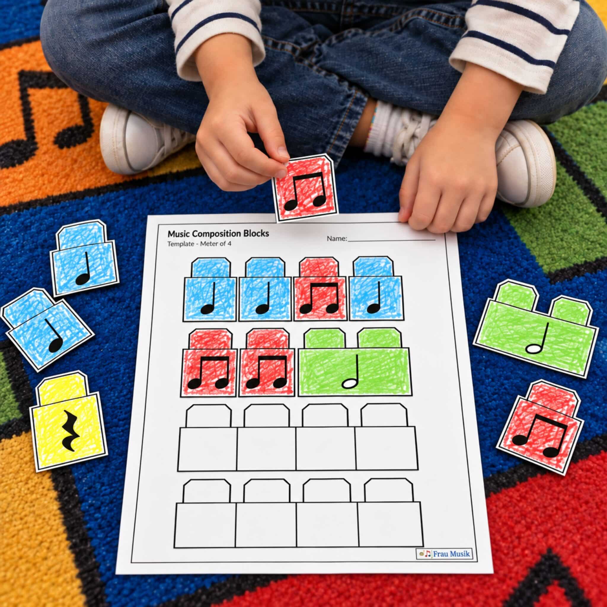 Child in elementary music class using printable music composition blocks to create their own unique music composition.
